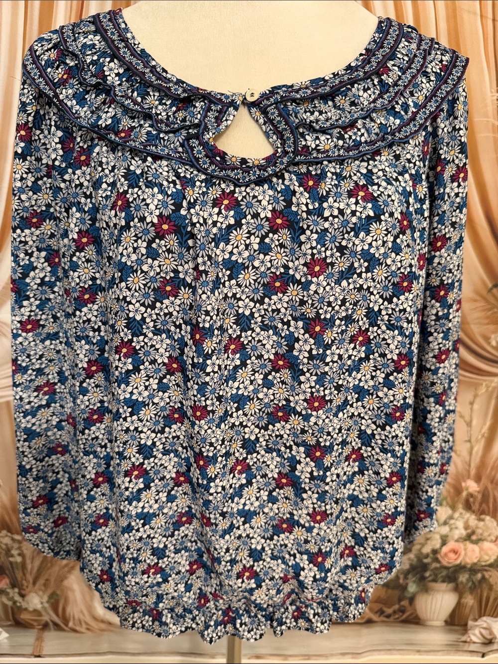 Max Studio Navy Floral Keyhole Blouse with Embroidered Yoke